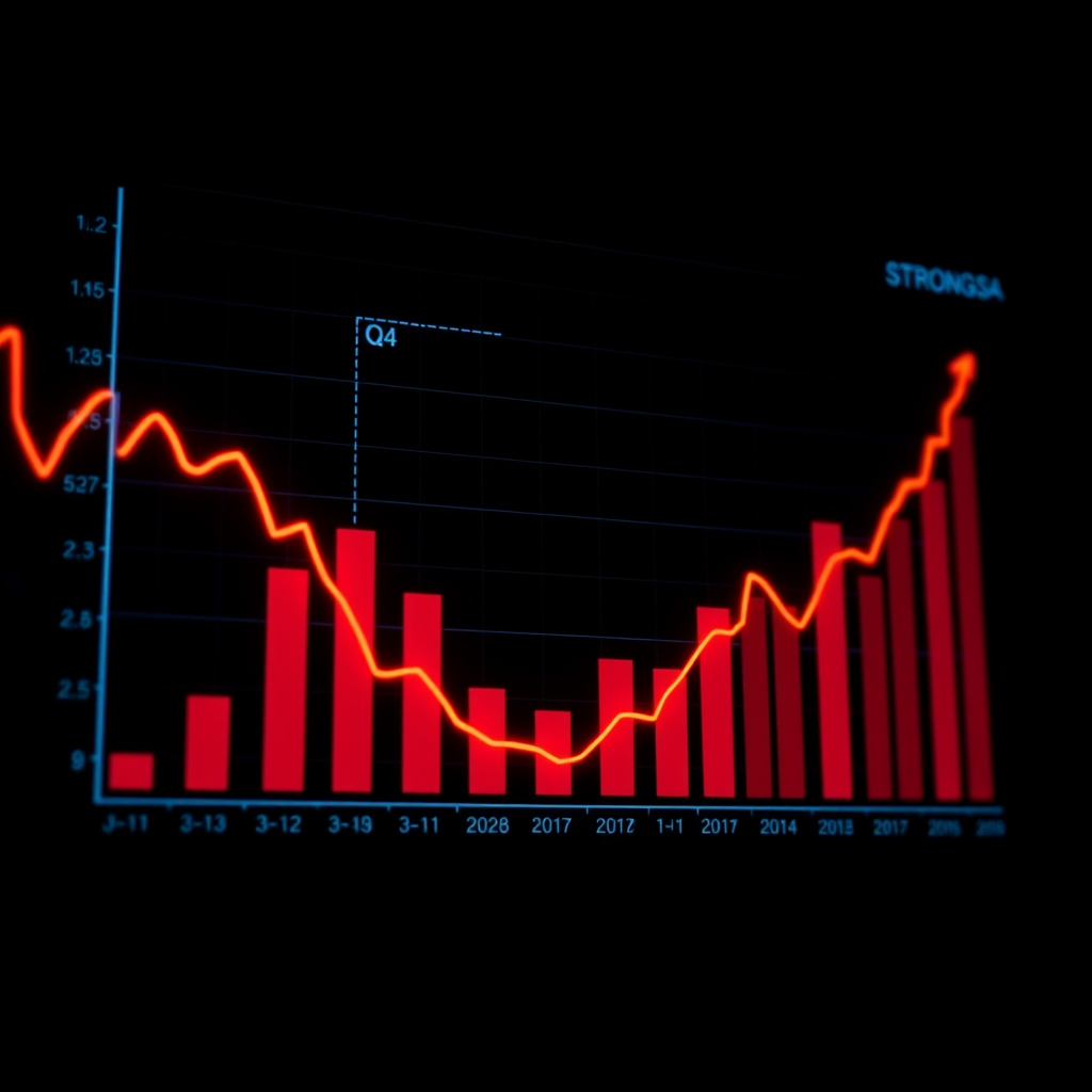 Technologie-Aktien Diagramm zeigt starke Q4-Performance mit steigenden Kurven und Balkendiagrammen auf dunklem Hintergrund mit leuchtenden Neonfarben