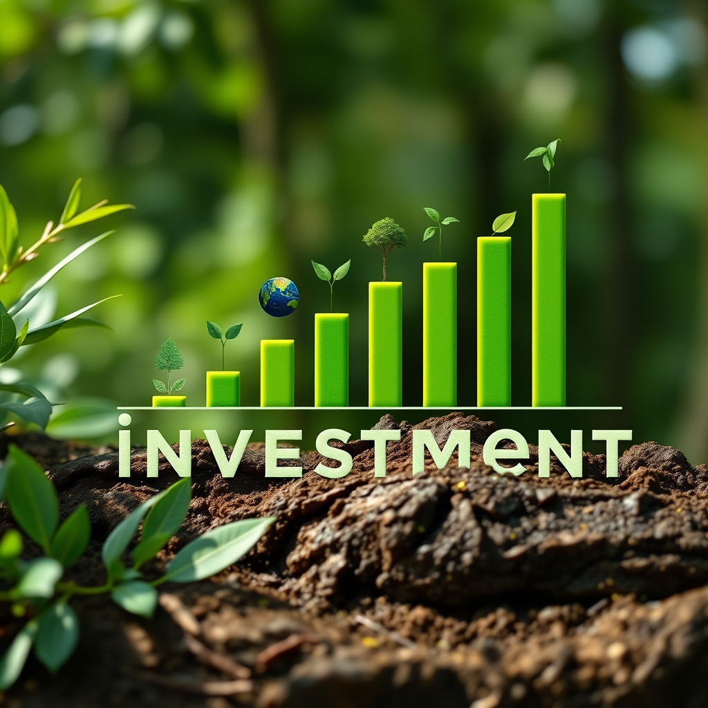 ESG-Investitionsdiagramm zeigt Wachstum nachhaltiger Anlagen mit grünen Balken und Umweltsymbolen