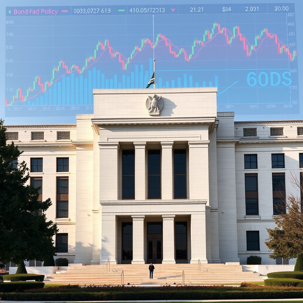 Federal Reserve Gebäude mit Diagrammen und Grafiken zur Geldpolitik und Anleihemarkt-Performance im Hintergrund, moderne Finanzvisualisierung