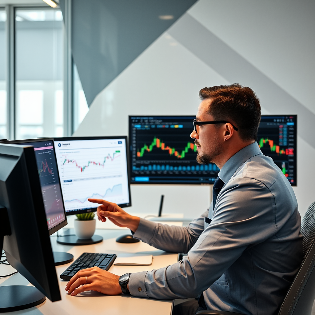 Professioneller Portfoliomanager analysiert Investmentcharts und Marktdaten auf mehreren Bildschirmen in einem modernen Büro mit geometrischen Formen im Hintergrund
