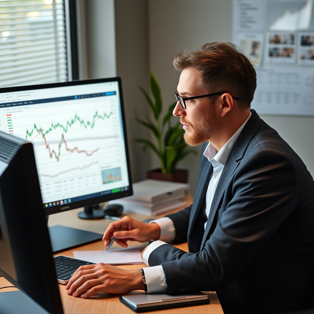 Professioneller Finanzberater analysiert Marktdaten und Investmentstrategien am Computer