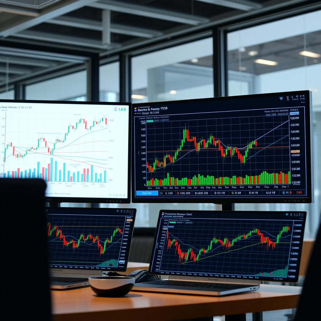Professionelle Marktanalyse-Charts und Diagramme mit Trendlinien und Wirtschaftsdaten auf modernen Bildschirmen