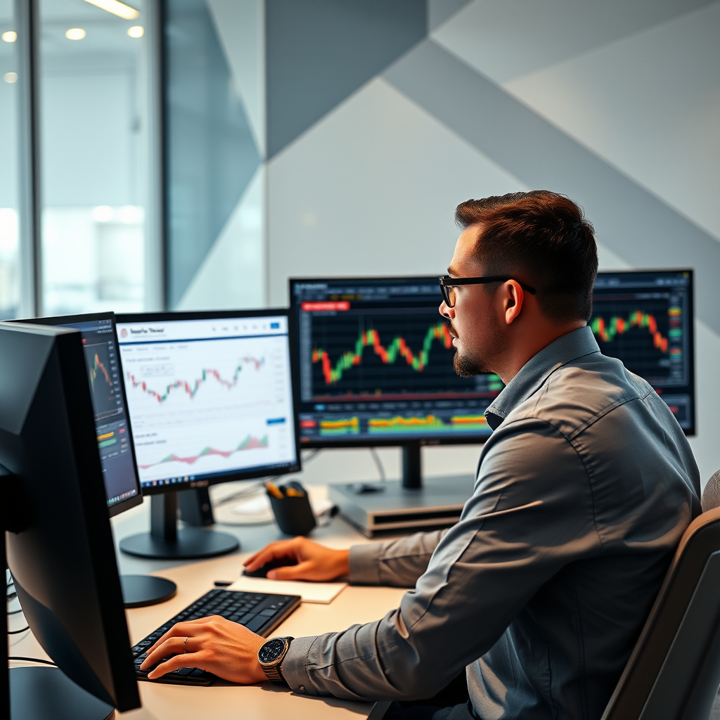 Professioneller Trader analysiert Kryptowährungs-Charts auf mehreren Monitoren in einem modernen Büro mit geometrischen Formen im Hintergrund
