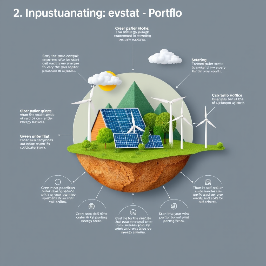 Nachhaltiges Portfolio mit grünen Energieaktien, Solarpanels und Windrädern dargestellt in modernem Diagramm