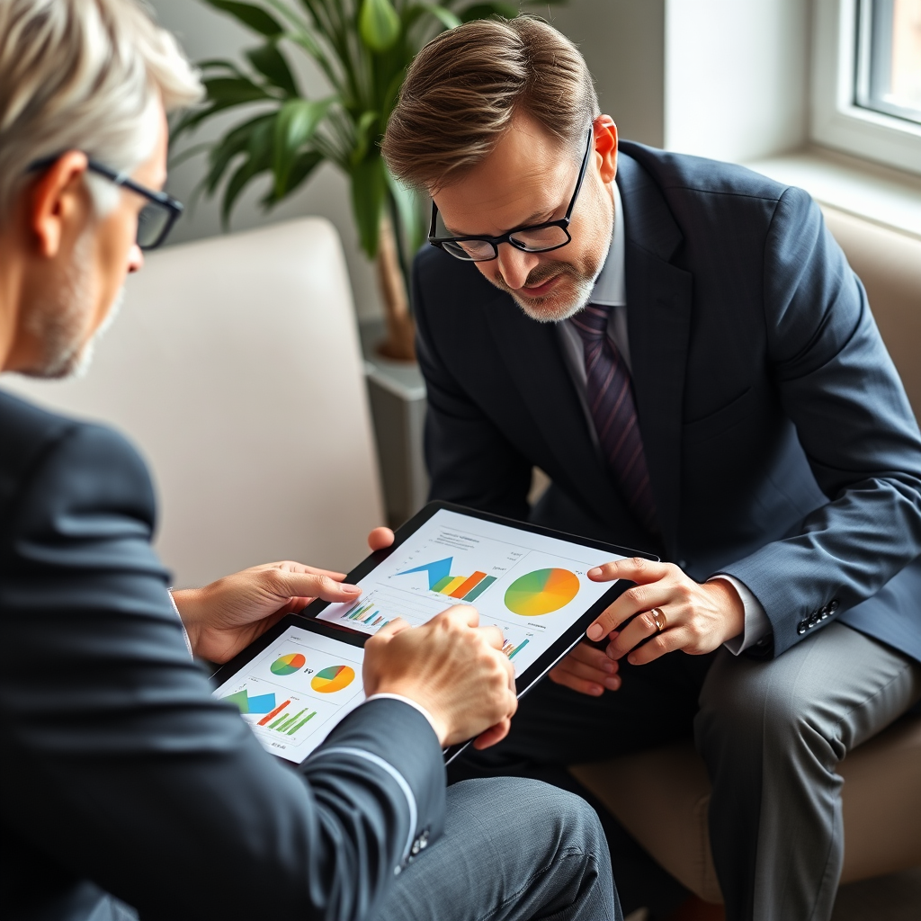 Investmentberater erklärt Anlagestrategie einem Kunden mit Hilfe von bunten Diagrammen und geometrischen Grafiken auf einem Tablet