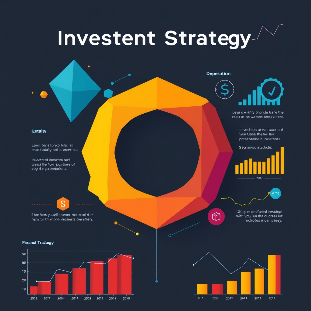 Moderne Investmentstrategie-Darstellung mit geometrischen Formen, Diagrammen und Finanzinstrumenten in lebendigen Farben