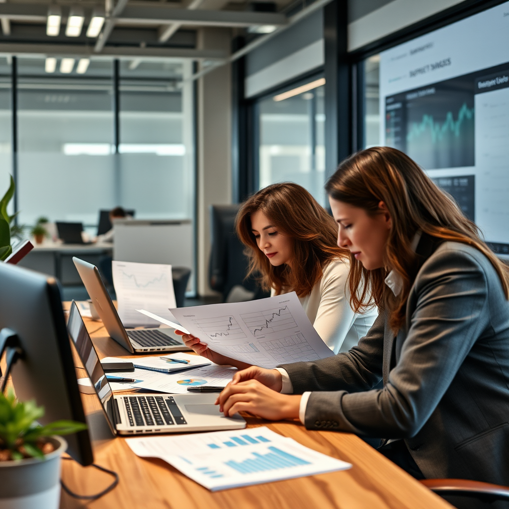 Professionelles Forschungsteam bei der Arbeit mit Laptops, Finanzberichten und Marktdaten in einem modernen Büro