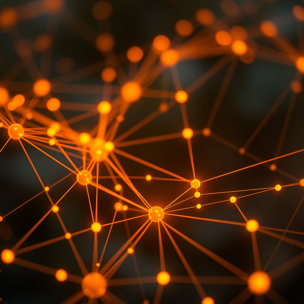 Blockchain-Netzwerk-Visualisierung mit leuchtenden Verbindungslinien und geometrischen Knoten in orange und gelben Farbtönen