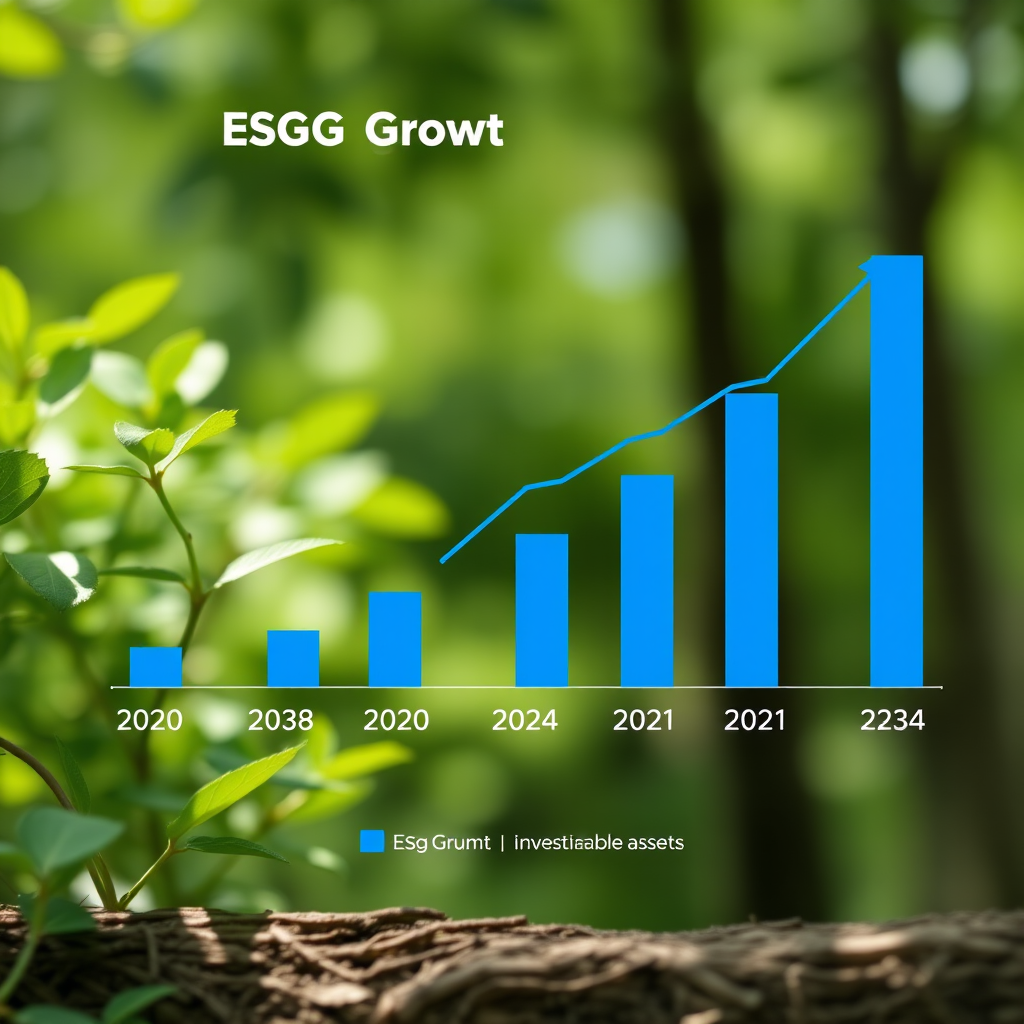 ESG-Wachstumsdiagramm zeigt steigende Investitionen in nachhaltige Anlagen von 2020 bis 2024 mit blauen Balken und Trendlinie