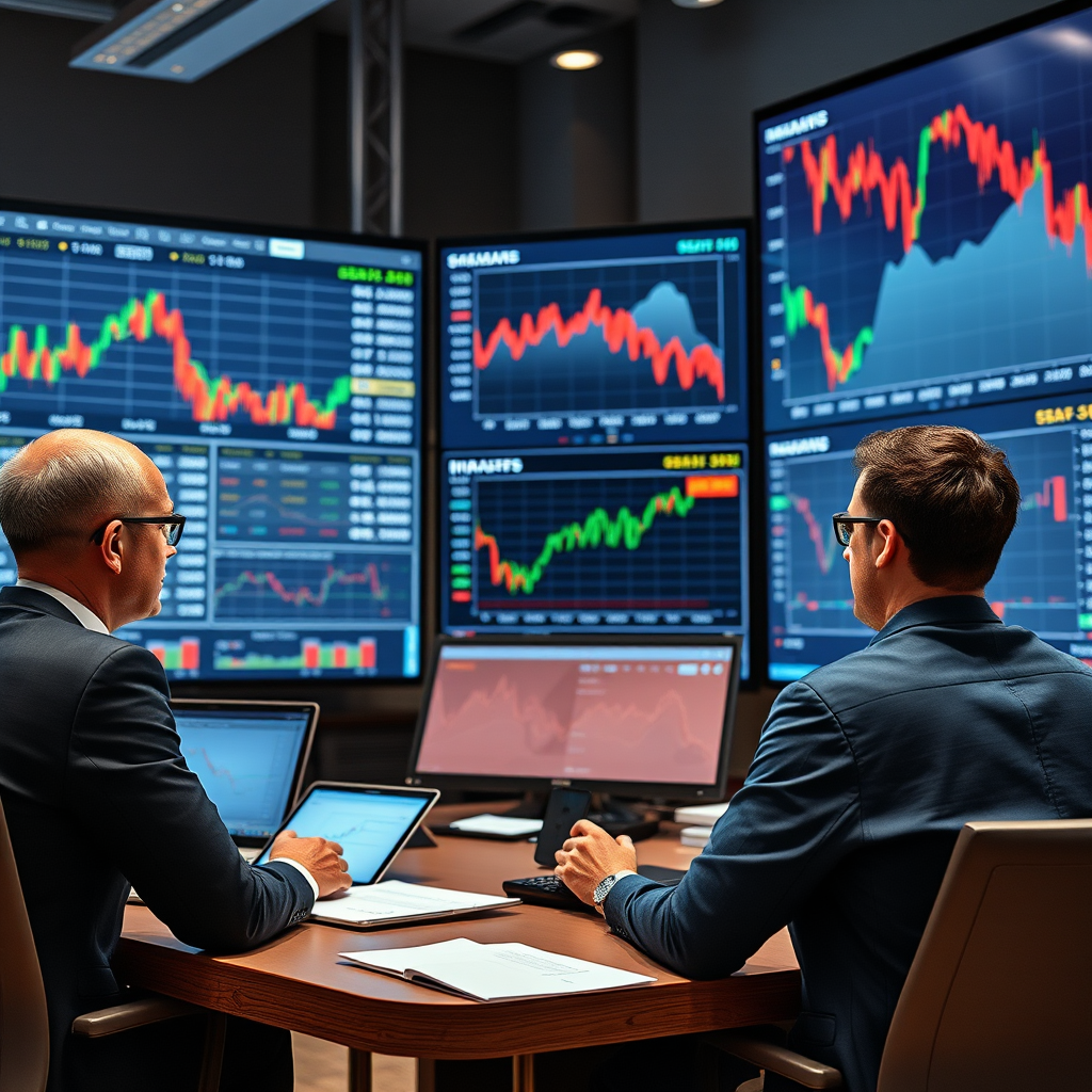 Professionelle Finanzanalysten diskutieren Marktstrategien vor großen Bildschirmen mit Echtzeit-Marktdaten und geometrischen Visualisierungen