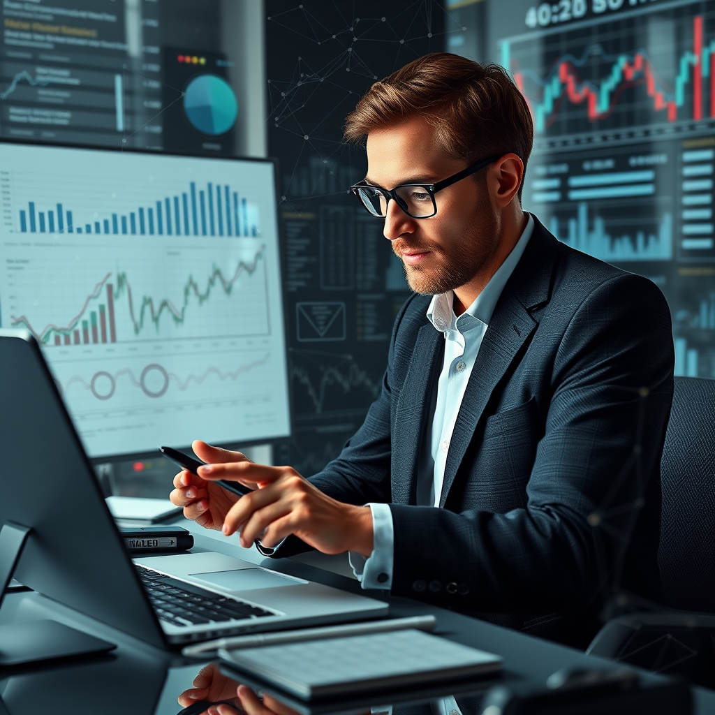 Marktanalyst arbeitet mit komplexen Datenvisualisierungen und geometrischen Mustern, die Markttrends und Wirtschaftsdaten darstellen