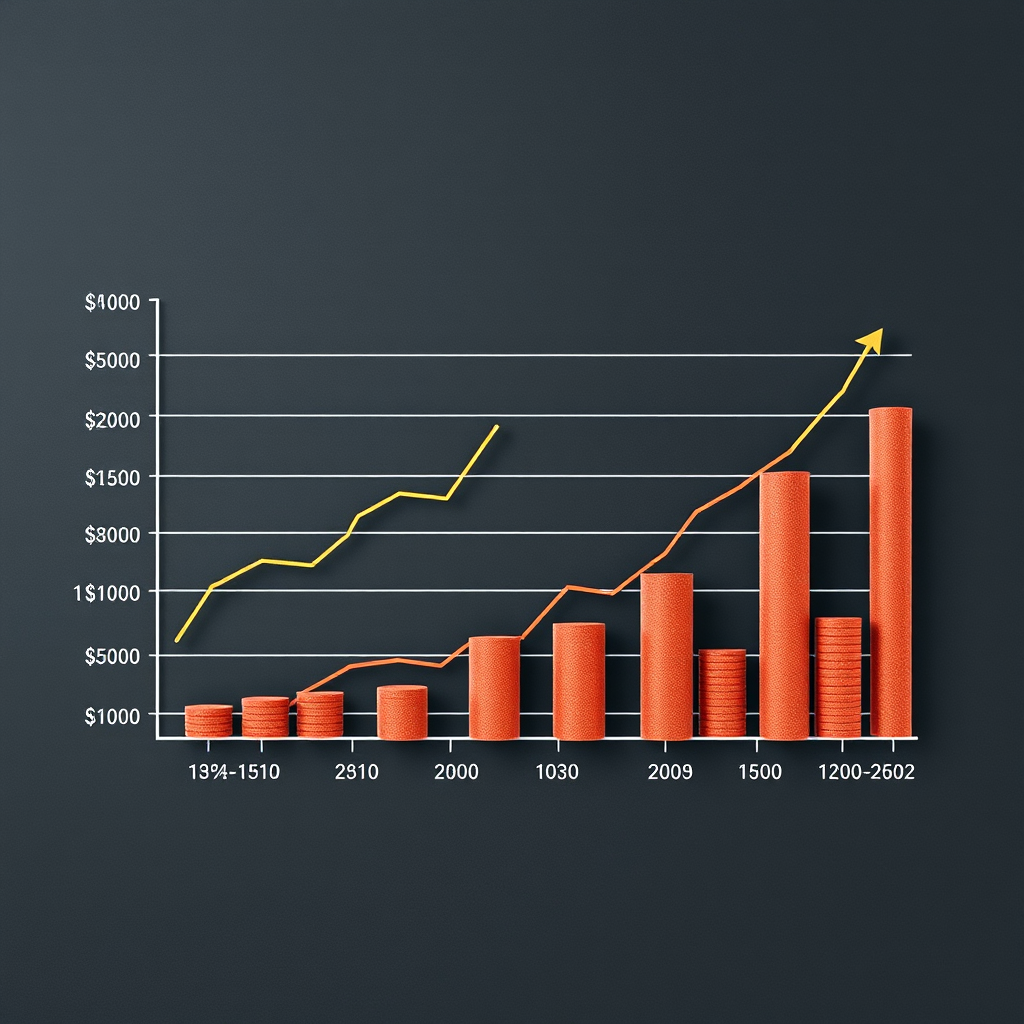 Wachstumsdiagramm eines Portfolios mit aufsteigender Trendlinie und verschiedenen Investmentinstrumenten