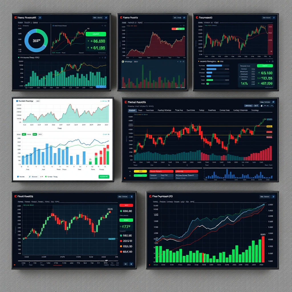 Modernes Finanzanalyse-Dashboard mit Echtzeit-Marktdaten, Diagrammen und Investmenttrends auf mehreren Bildschirmen