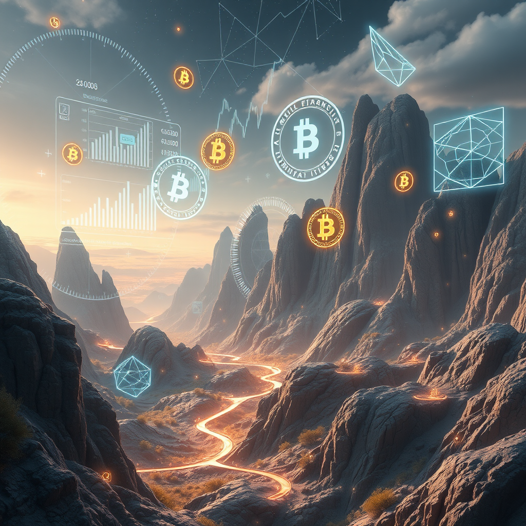 Futuristische digitale Finanzlandschaft mit schwebenden Hologrammen von Kryptowährungen, Charts und geometrischen Datenstrukturen
