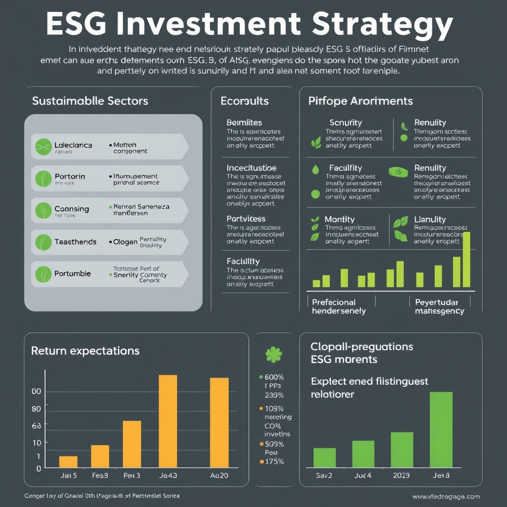 ESG-Investitionsstrategie Infografik mit verschiedenen nachhaltigen Sektoren, Portfolioaufteilung und Renditeerwartungen in modernem Design