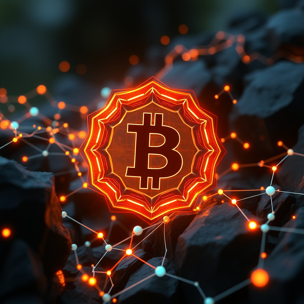 Digitale Vermögenswerte und Kryptowährungen dargestellt durch futuristische geometrische Formen und leuchtende Blockchain-Visualisierungen