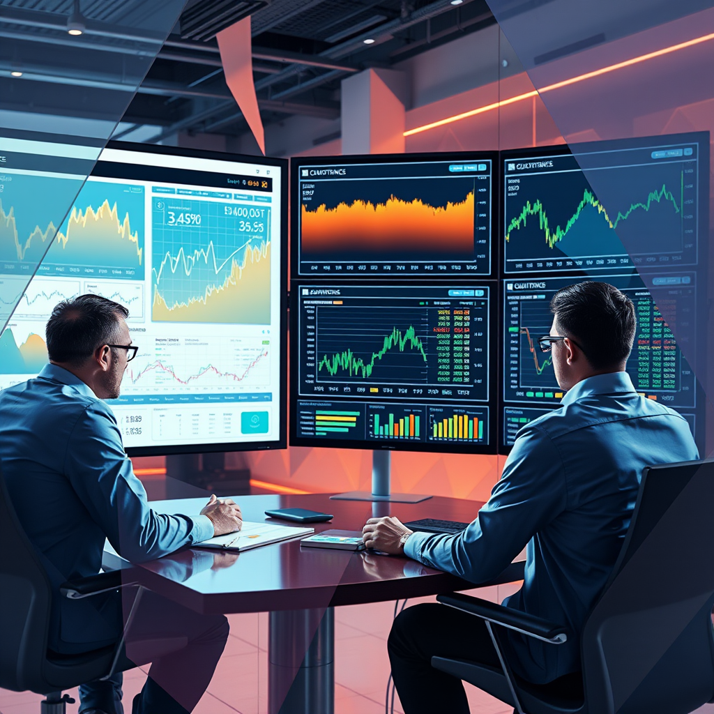 Moderne Investmentberatung mit Experten, die digitale Assets auf großen Bildschirmen analysieren, umgeben von geometrischen Formen und lebendigen Farben